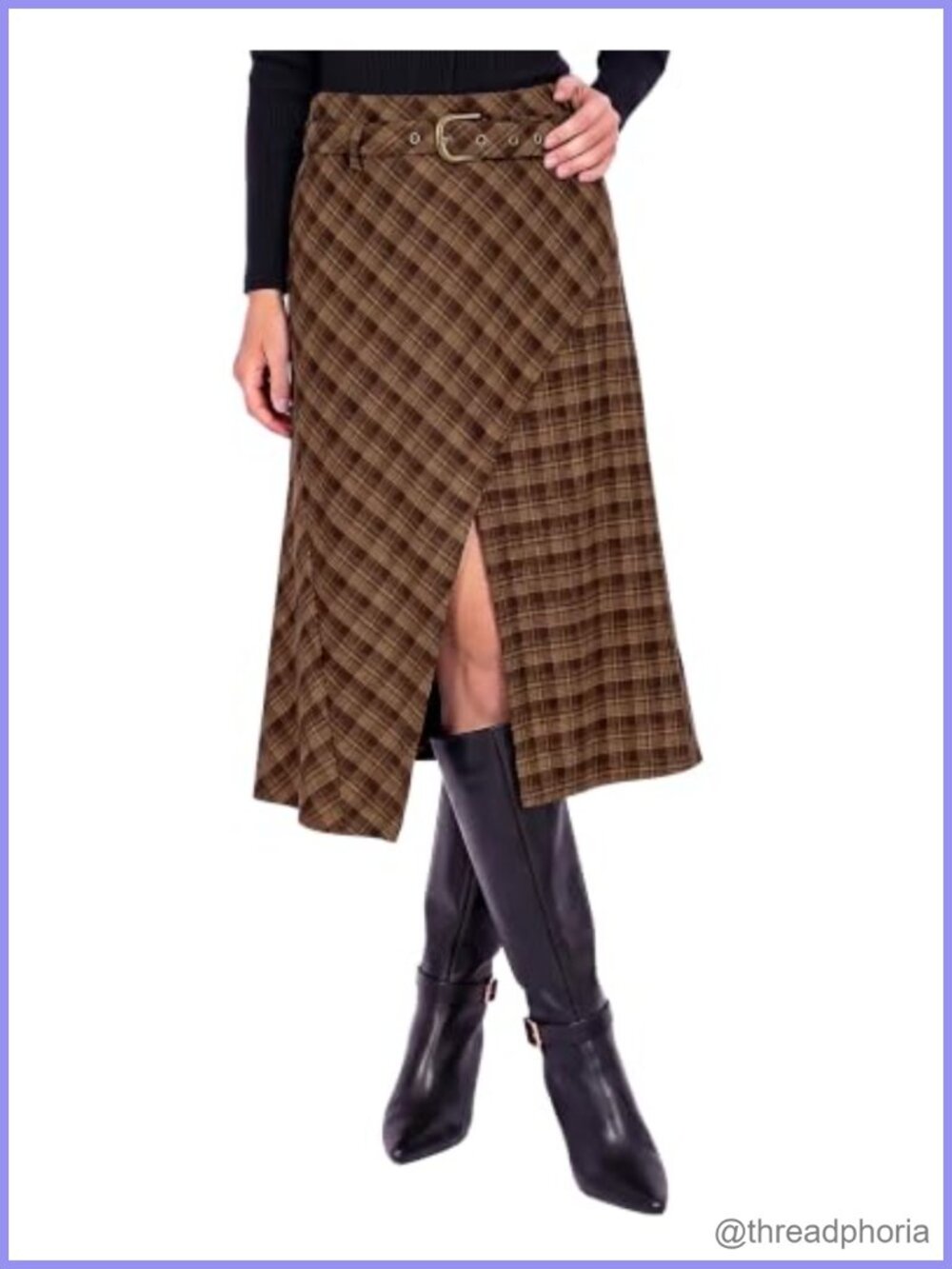 Plaid Midi Skirt High Waist A-Line with Belt Asymmetrical Hem Slit Casual Fall